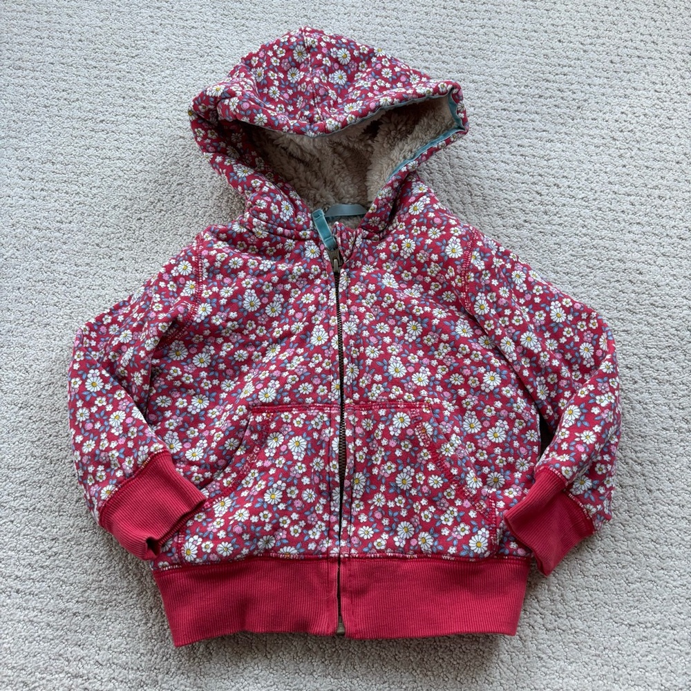Mini Boden pink Floral Kids Sherpa Hoodie jacket